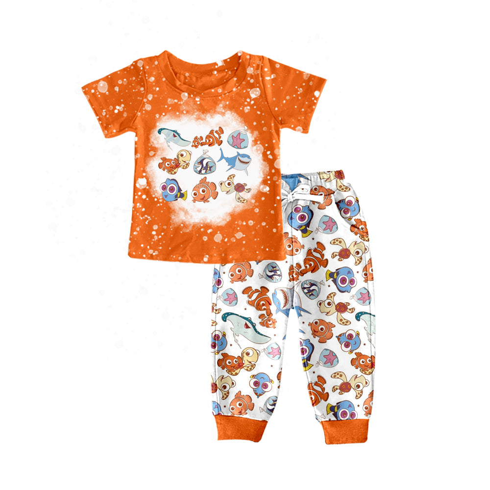 (Custom Design Preorder MOQ 5) Orange Cartoon Fish Print Boys Clothes Set