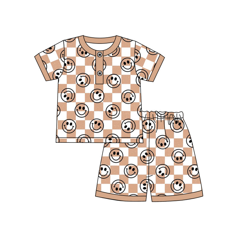 (Custom Design Preorder MOQ 5) Khaki Plaid Smiling Face Print Kids Shorts Pajamas Clothes Set