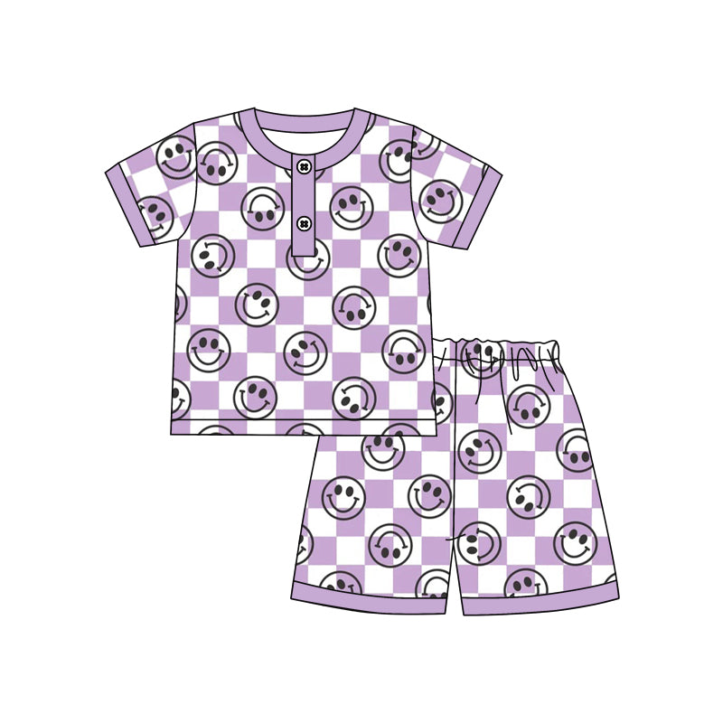 (Custom Design Preorder MOQ 5) Purple Plaid Smiling Face Print Girls Shorts Pajamas Clothes Set