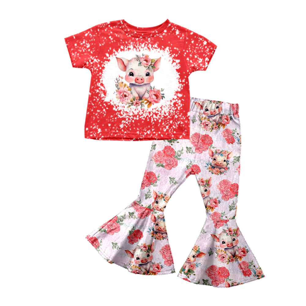 (Custom Design Preorder MOQ 5) Cute Pig Flowers Print Bell Pants Girls Clothes Set