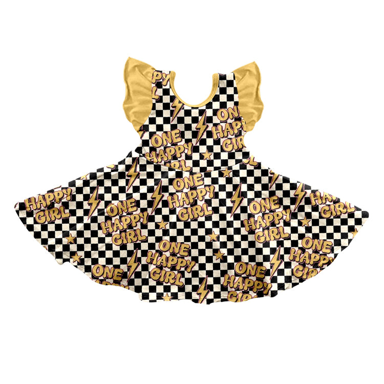 (Custom Design Preorder MOQ 5) Flutter Sleeve One Happy Girl Print Girls Knee Length Dress