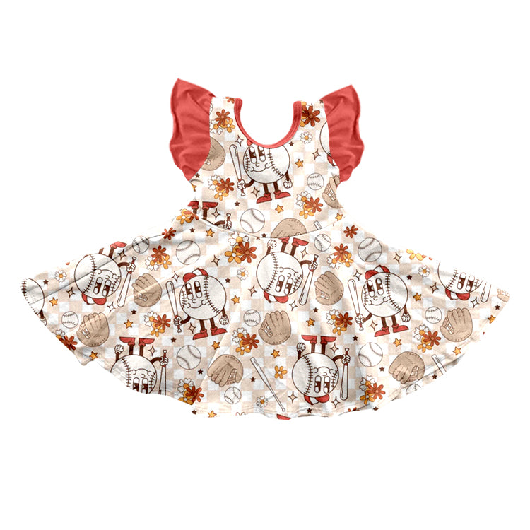 (Custom Design Preorder MOQ 5) Flutter Sleeve Baseball Flowers Print Girls Knee Length Dress