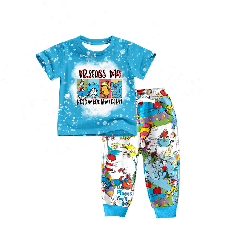 (Custom Design Preorder MOQ 5) Blue Dr.Reading Print Boys Clothes Set