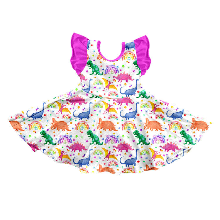 (Custom Design Preorder MOQ 5) Colorful Dino Print Girls Knee Length Dress