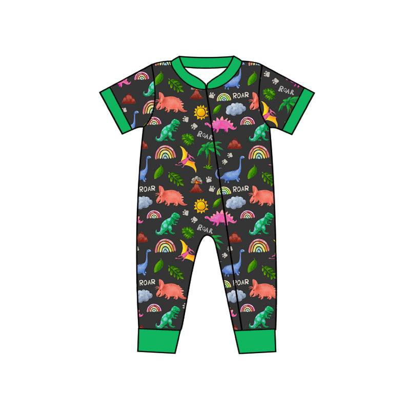 (Custom Design Preorder MOQ 5) Green Dino Print Baby Boys Zipper Romper