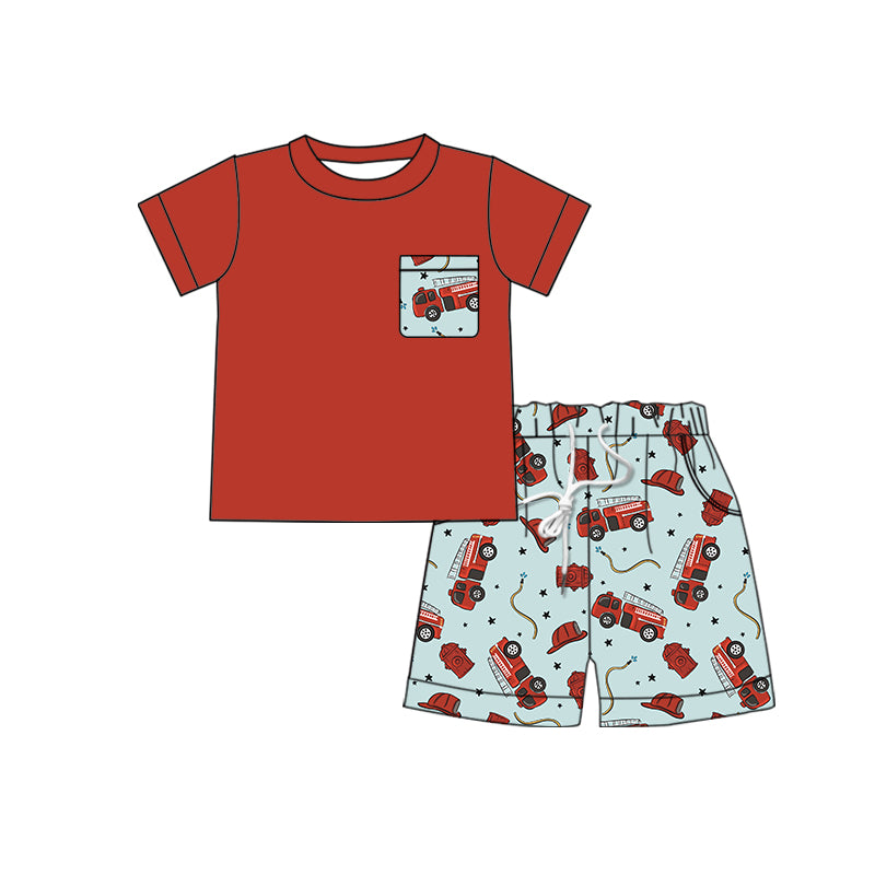 (Custom Design Preorder MOQ 5) Fire Engine Print Pocket Red Top Boys Shorts Clothes Set