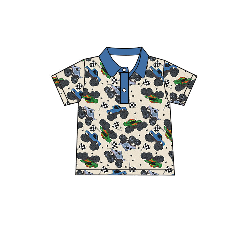 (Custom Design Preorder MOQ 5) Blue Truck Print Boys Polo Tee Shirts Top