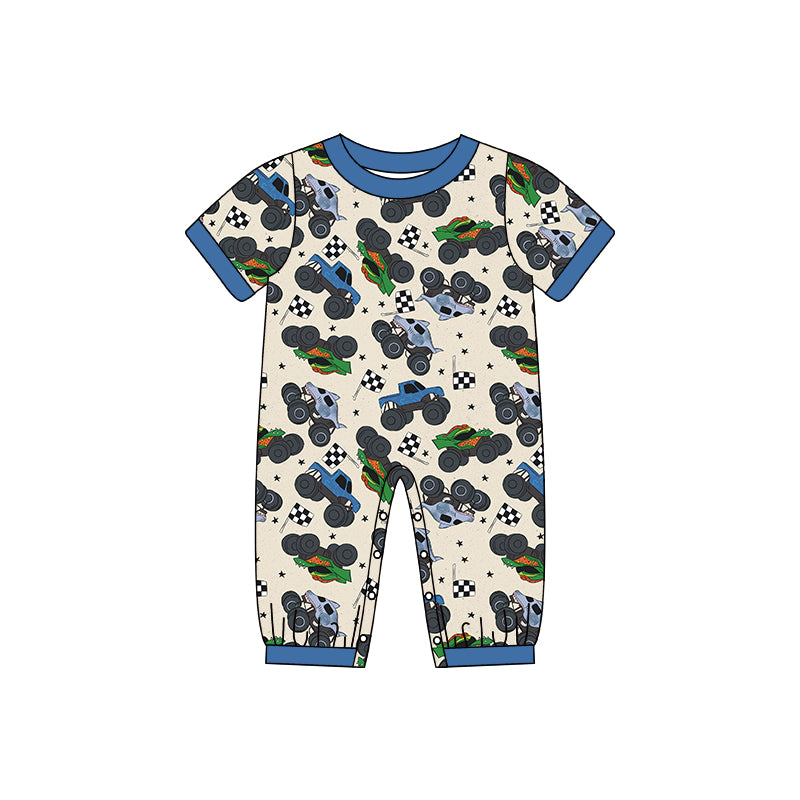 (Custom Design Preorder MOQ 5) Blue Truck Print Baby Boys Romper