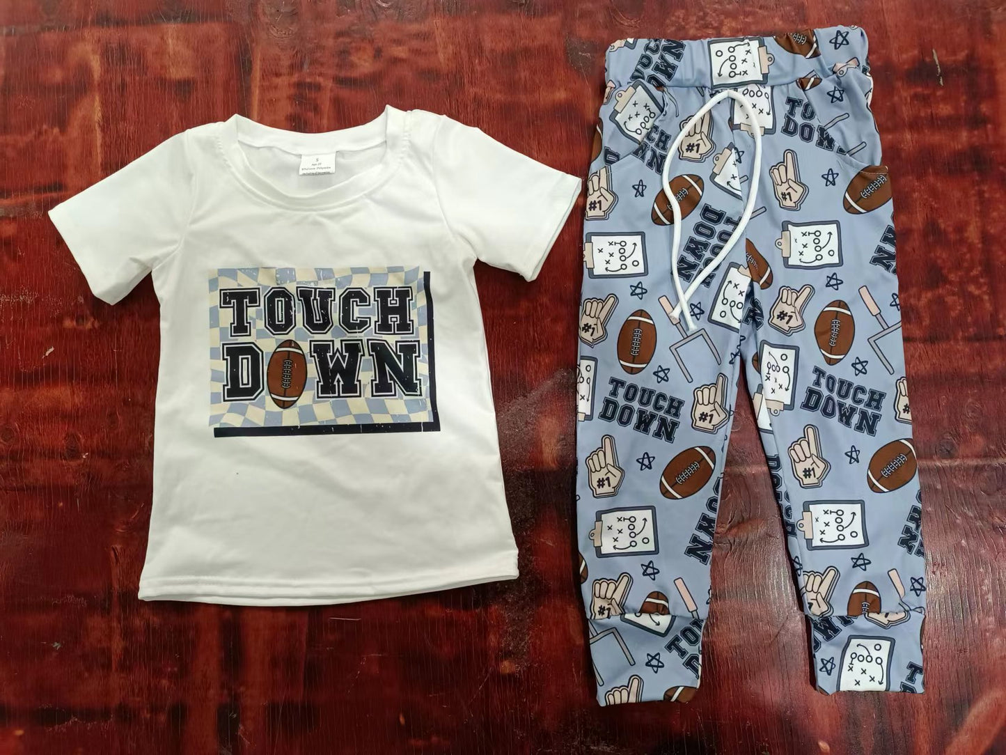 (Custom Design Preorder MOQ 5) Touch Down Baseball Print Boys Clothes Set