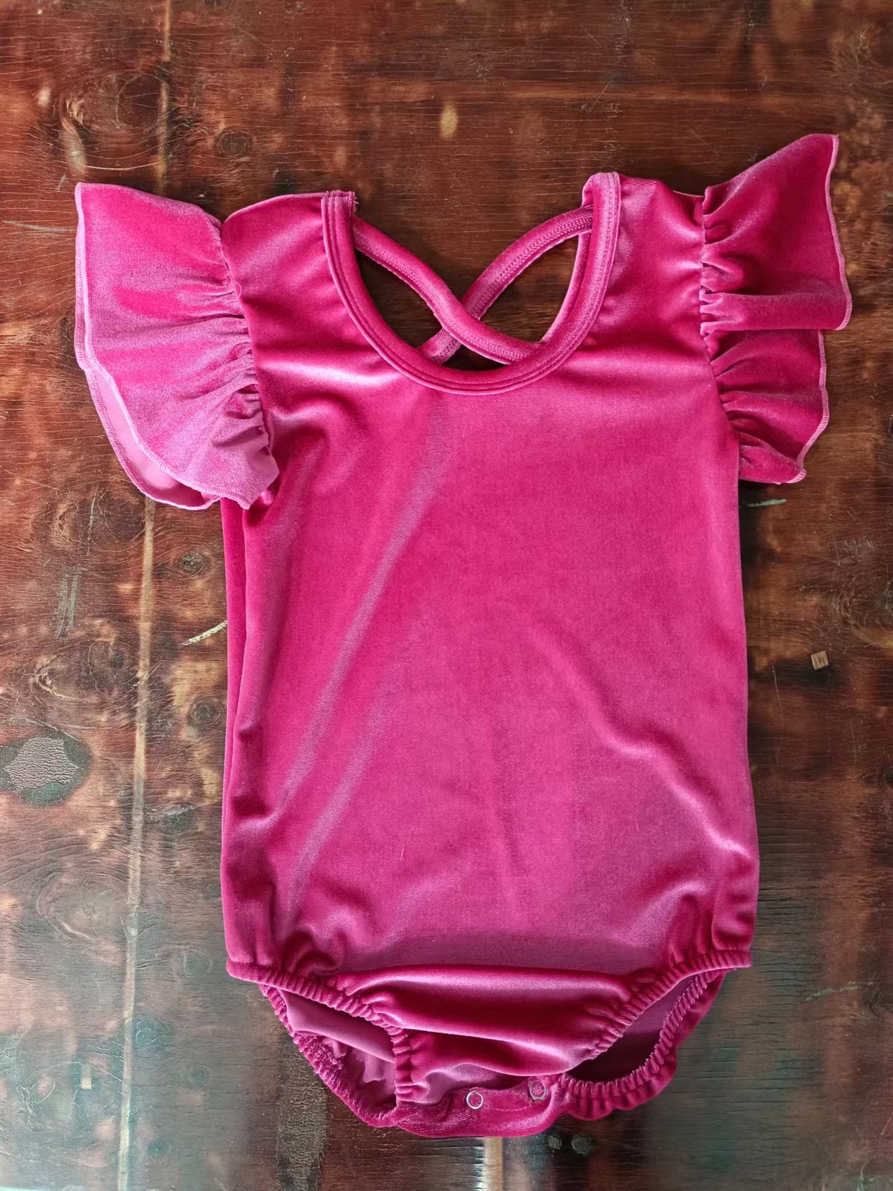 (Custom Design Preorder MOQ 5) Flutter Sleeve Hot Pink Velvet Baby Girls Romper
