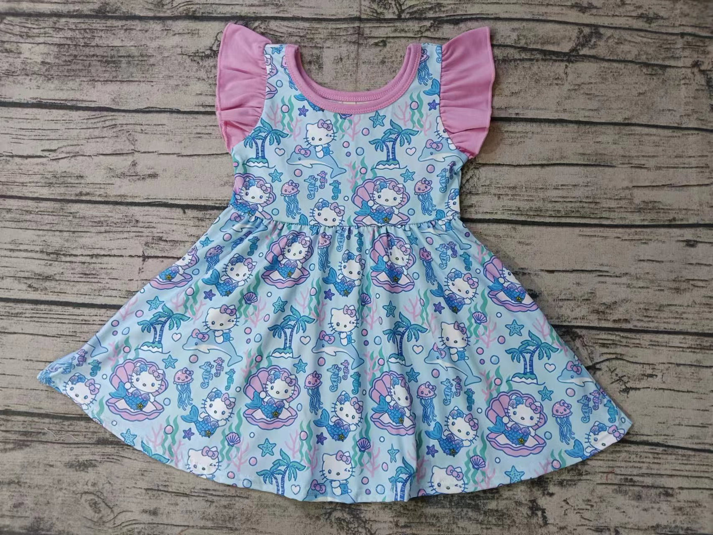 (Custom Design Preorder MOQ 5) Cartoon Cat Sea Shell PrintGirls Knee Length Dress