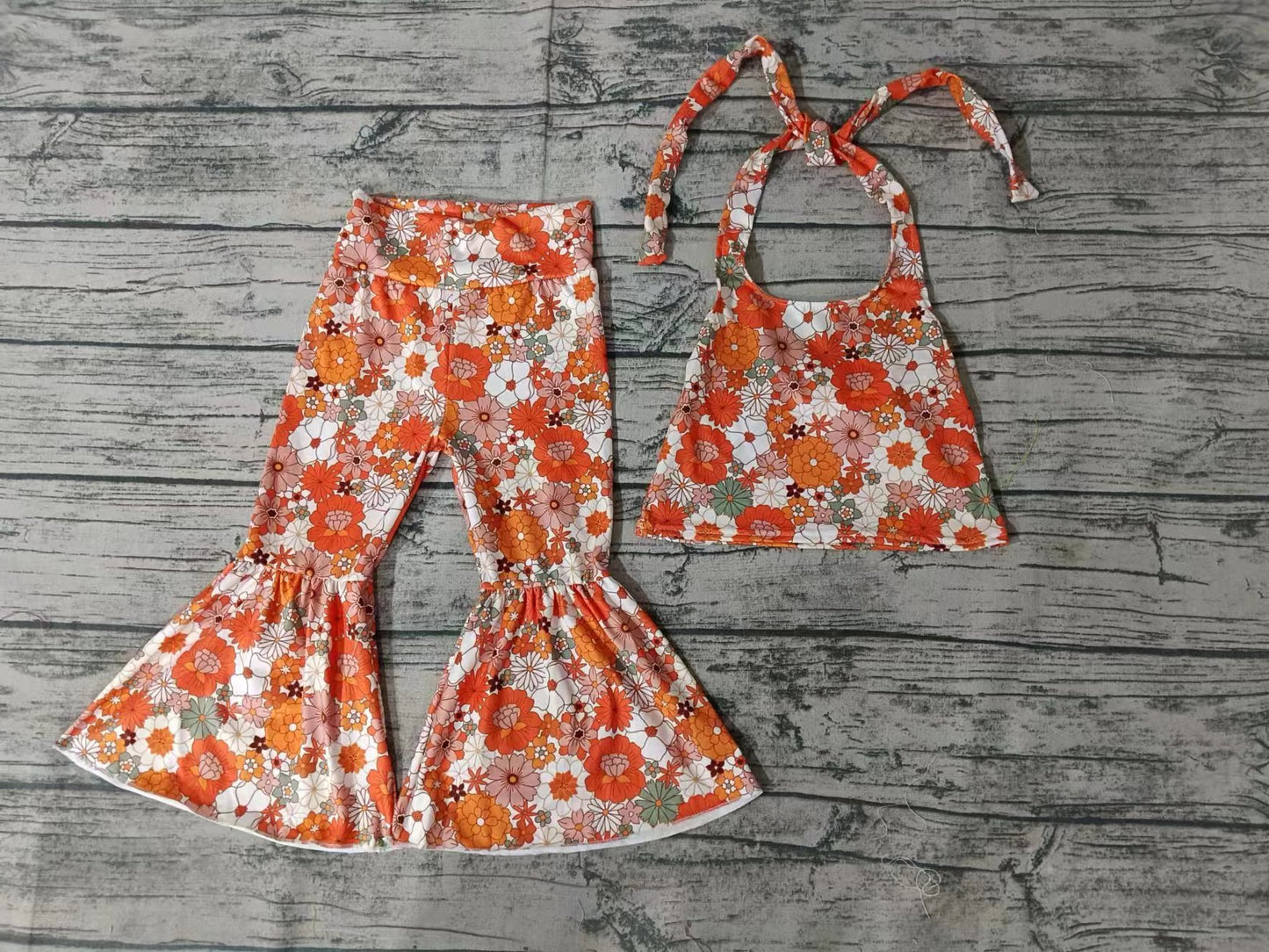 (Custom Design Preorder MOQ 5) Halter Top Flowers Print Girls Clothes Set