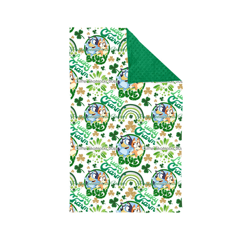 (Custom Design Preorder MOQ 5)NO.4 Green Quatrefoil Cartonn Dog Print Baby St. Patrick's Blanket