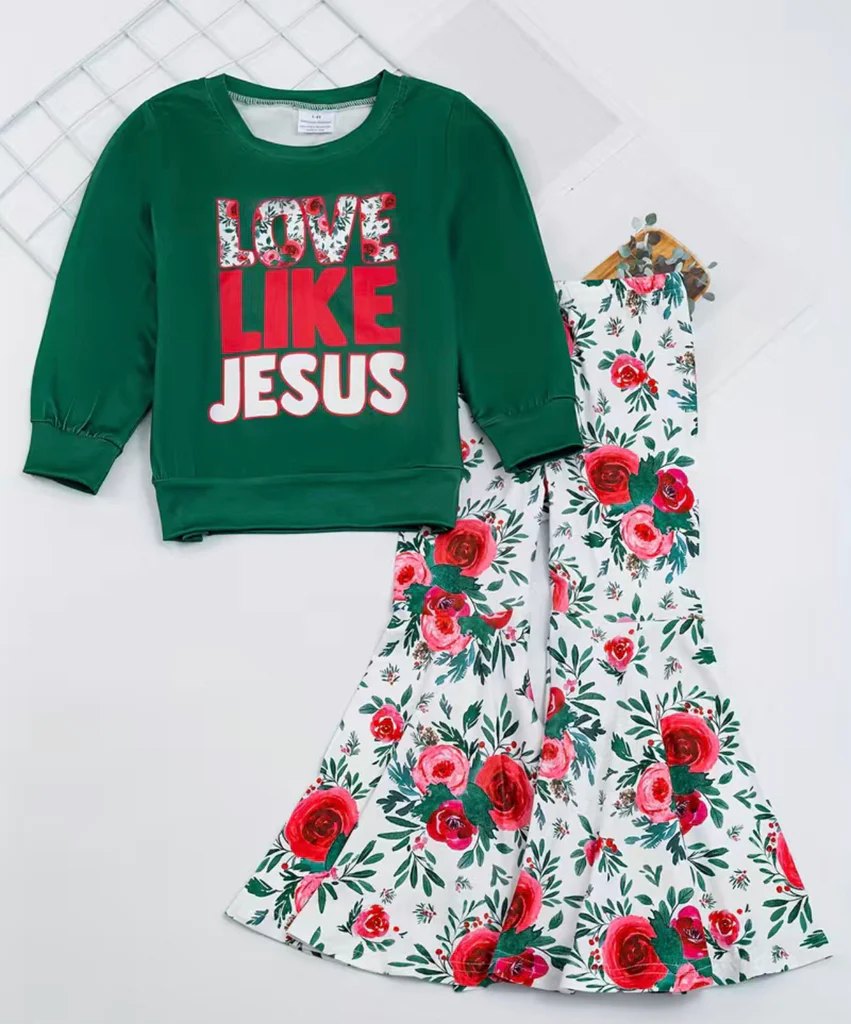 (Custom Design Preorder MOQ 5) Love Like Jesus Flowers Print Girls Clothes Set