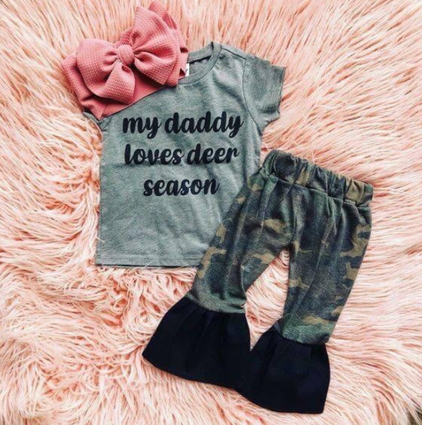 (Custom Design Preorder MOQ 5) My Daddy Love Deer Season Camo Print Girls Clothes Set