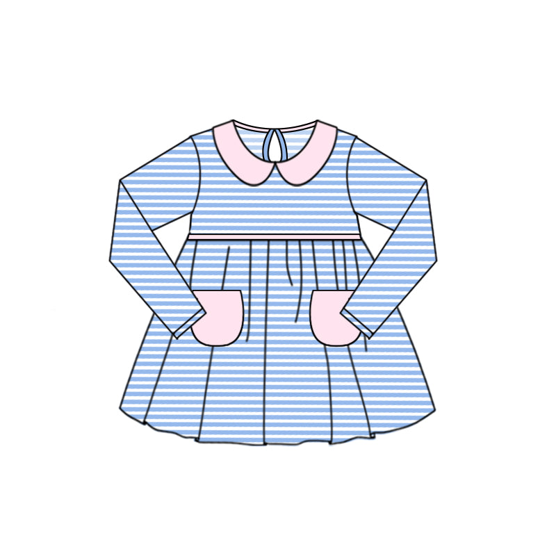 (Custom Design Preorder MOQ 5) Blue Stripes Print Girls Knee Length Dress