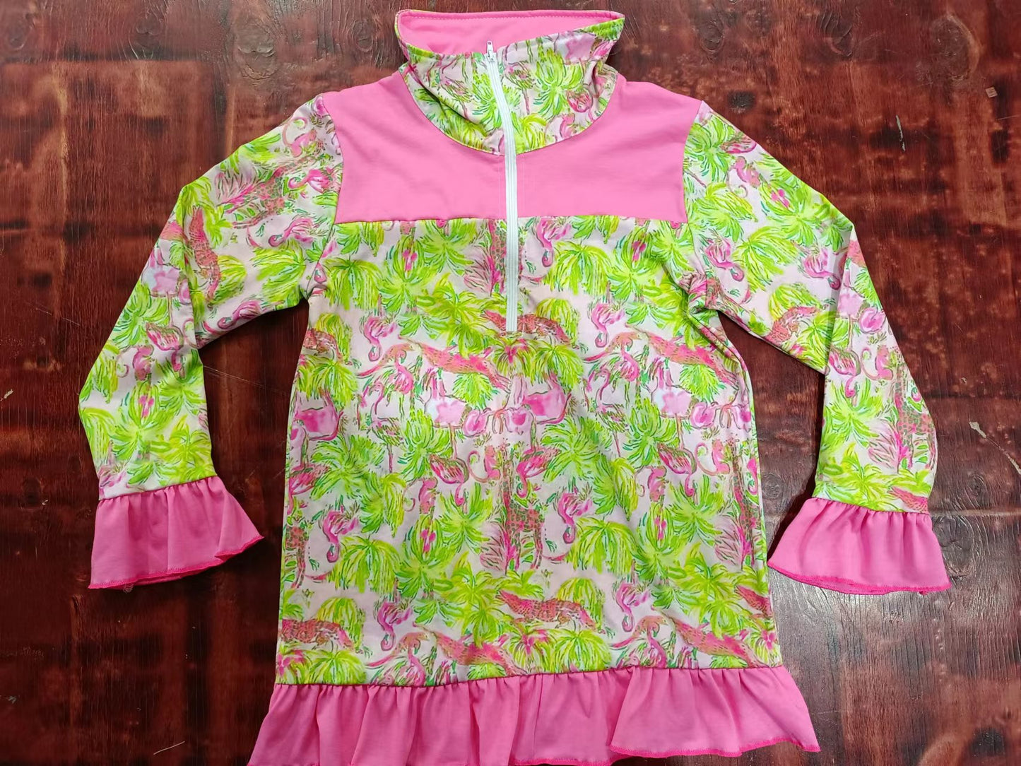 (Custom Design Preorder MOQ 5) Pink Animals Print Girls Zipper Tee Shirts Top