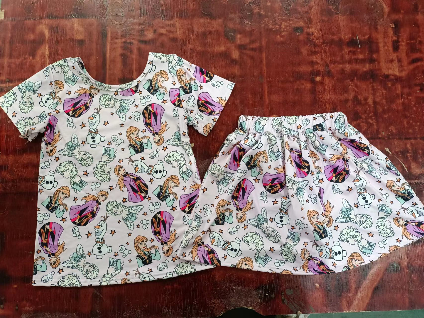 (Custom Design Preorder MOQ 5) Cartoon Princess Print Girls Skirts Clothes Set