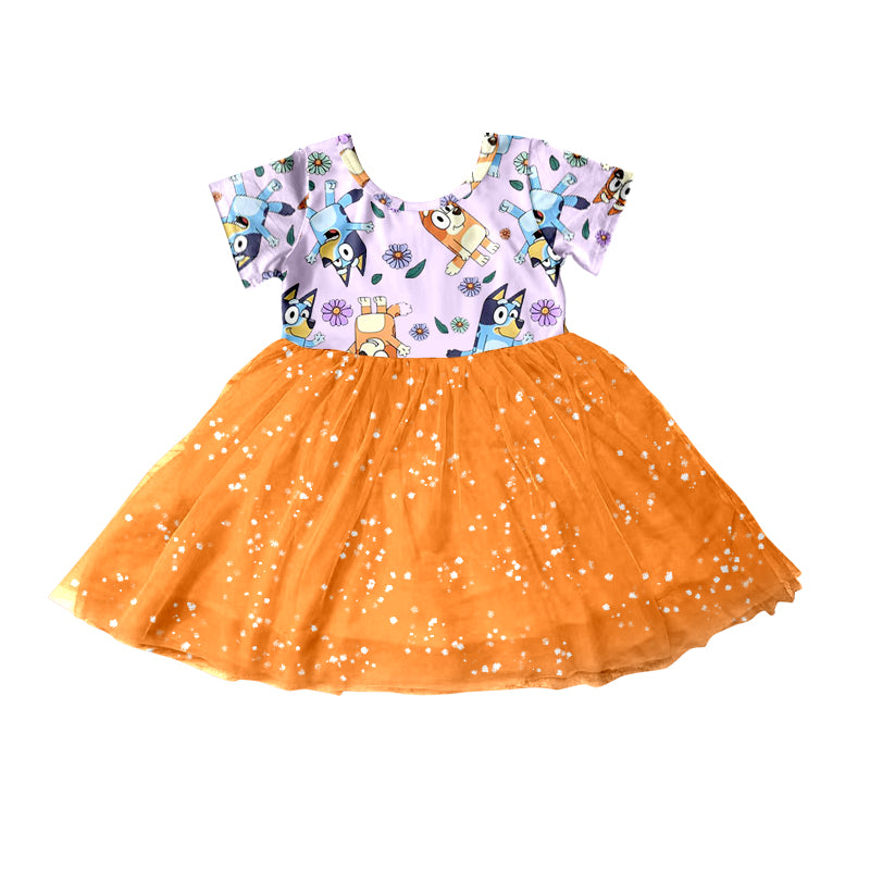 (Custom Design Preorder MOQ 5) Cartoon Dog Print Orange Tulle Girls Knee Length Dress