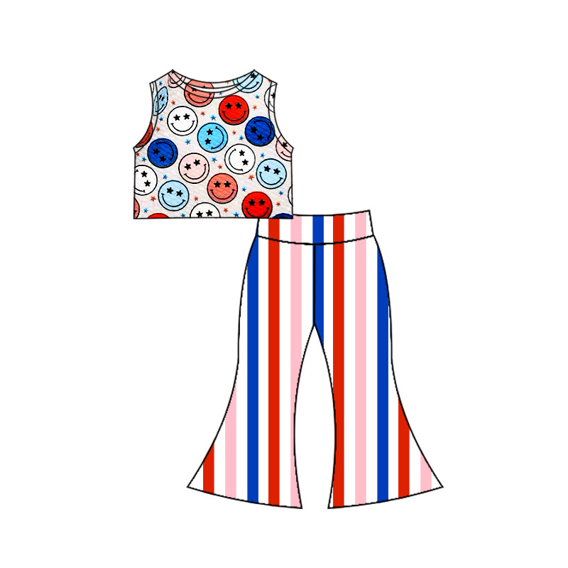 (Custom Design Preorder MOQ 5) Smiling Face Top Stripes Bell Pants Girls 4th of July Clothes Set