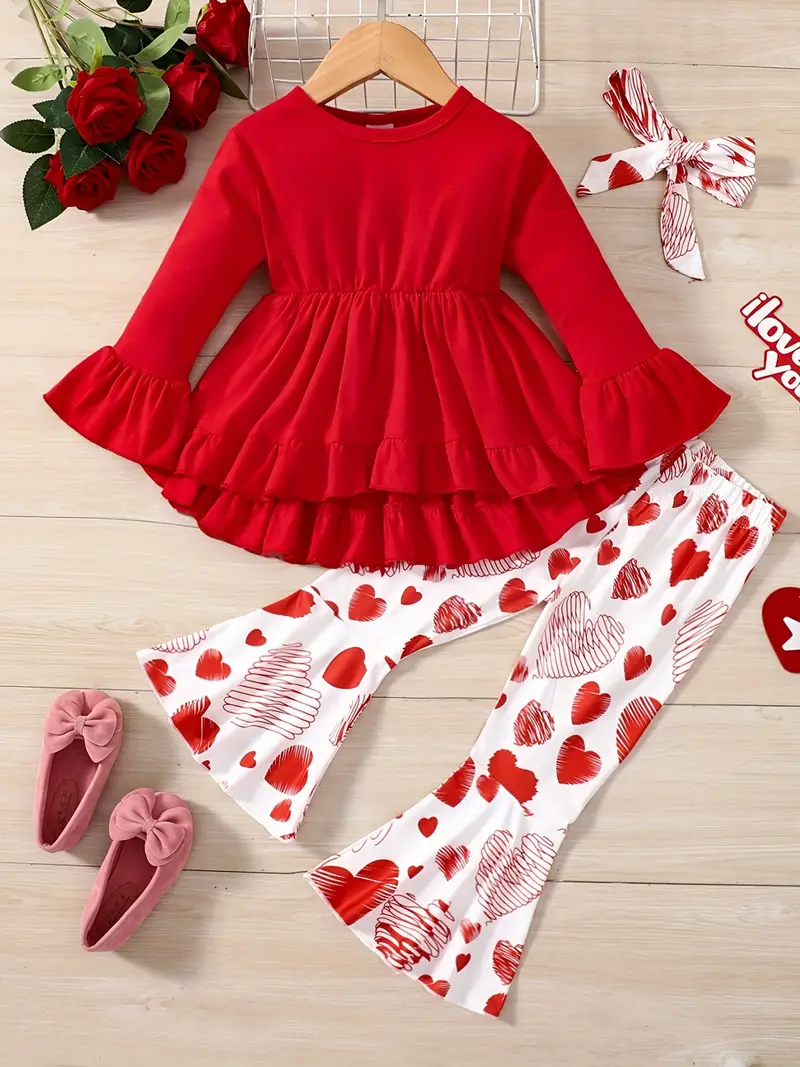 (Custom Design Preorder MOQ 5) Red Top Heart Bell Pants Girls Valentine's Clothes Set