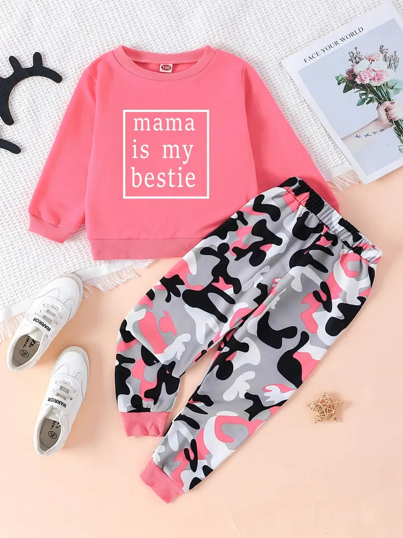 (Custom Design Preorder MOQ 5) Mama Is My Bestie Pink Camo Girls Clothes Set
