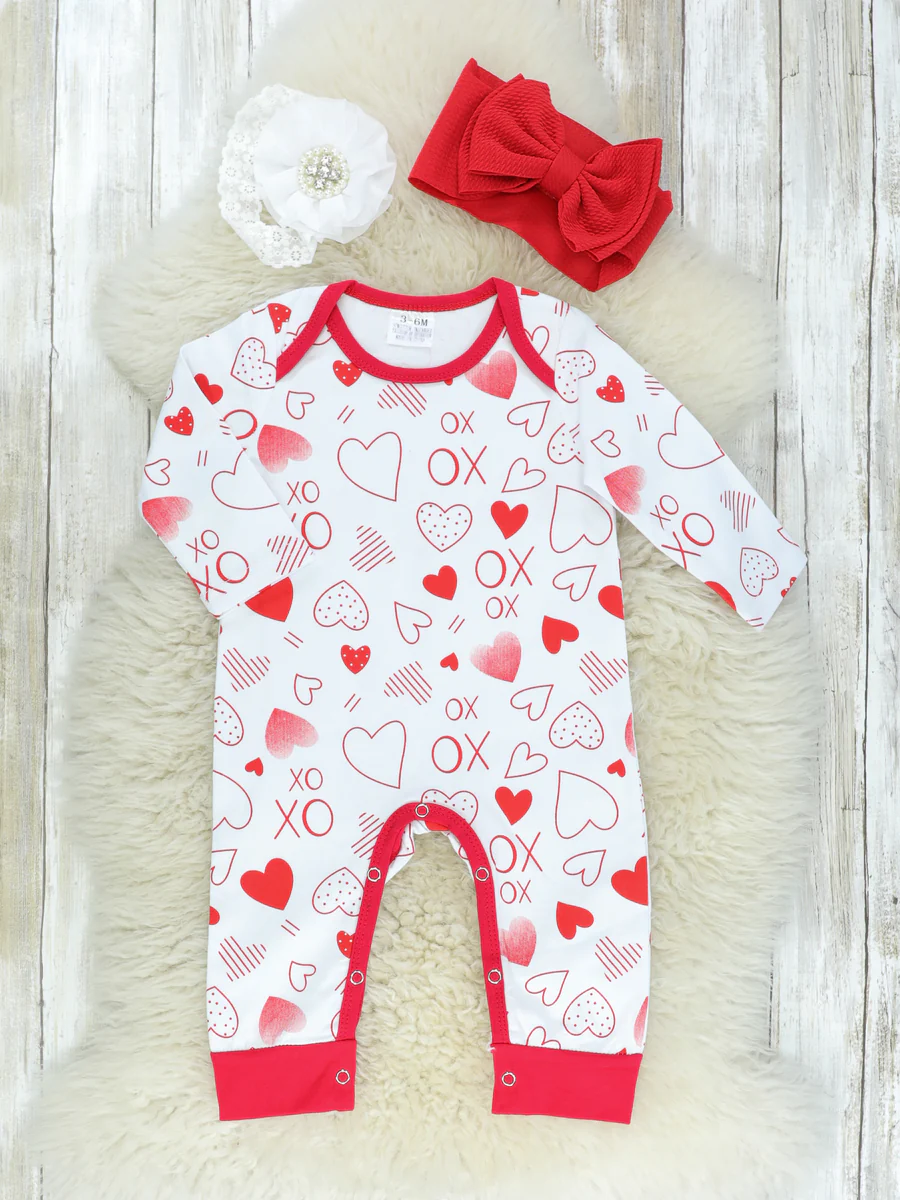 (Custom Design Preorder MOQ 5) Heart XO Print Baby Girls Valentine's Romper
