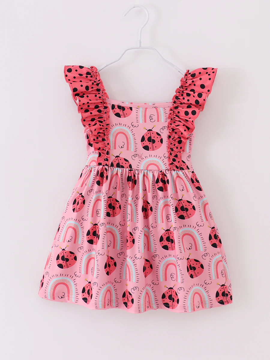 (Custom Design Preorder MOQ 5) Pink Rainbow Ladybird Print Girls Knee Length Dress