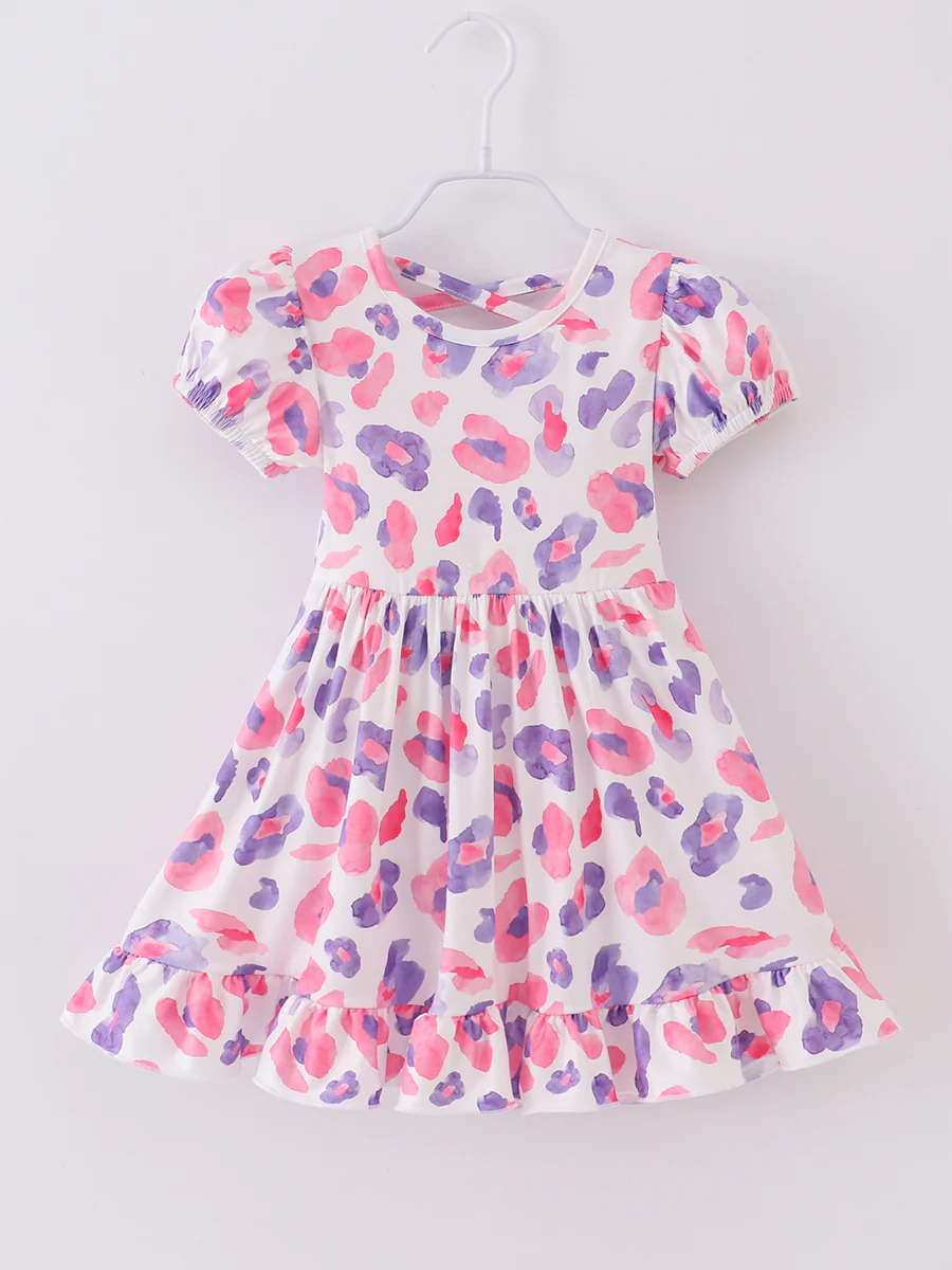(Custom Design Preorder MOQ 5) Pink Purple Leopard Print Girls Knee Length Dress