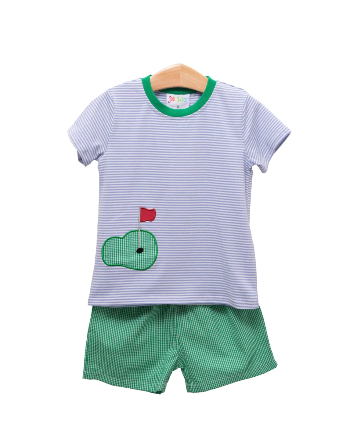 (Custom Design Preorder MOQ 5) Golf Hole Print Top Green Plaid Shorts Boys Summer Clothes Set