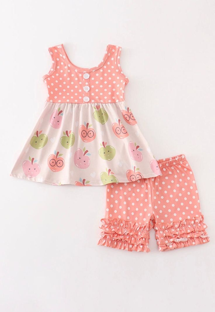 (Custom Design Preorder MOQ 5) Cute Apple Print Tunic Top Dots Shorts Girls Summer Clothes Set