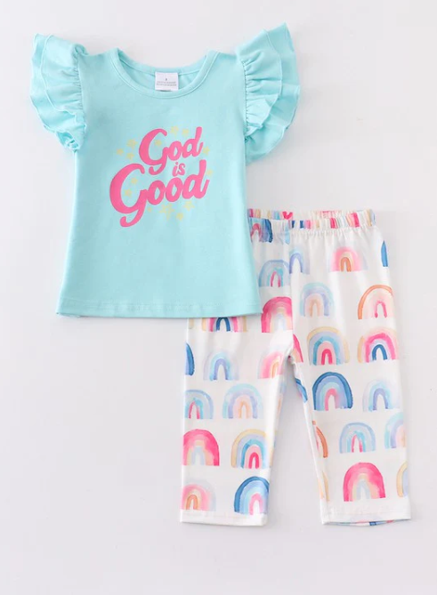 (Custom Design Preorder MOQ 5) God Is Good Rainbow Print Girls Clothes Set