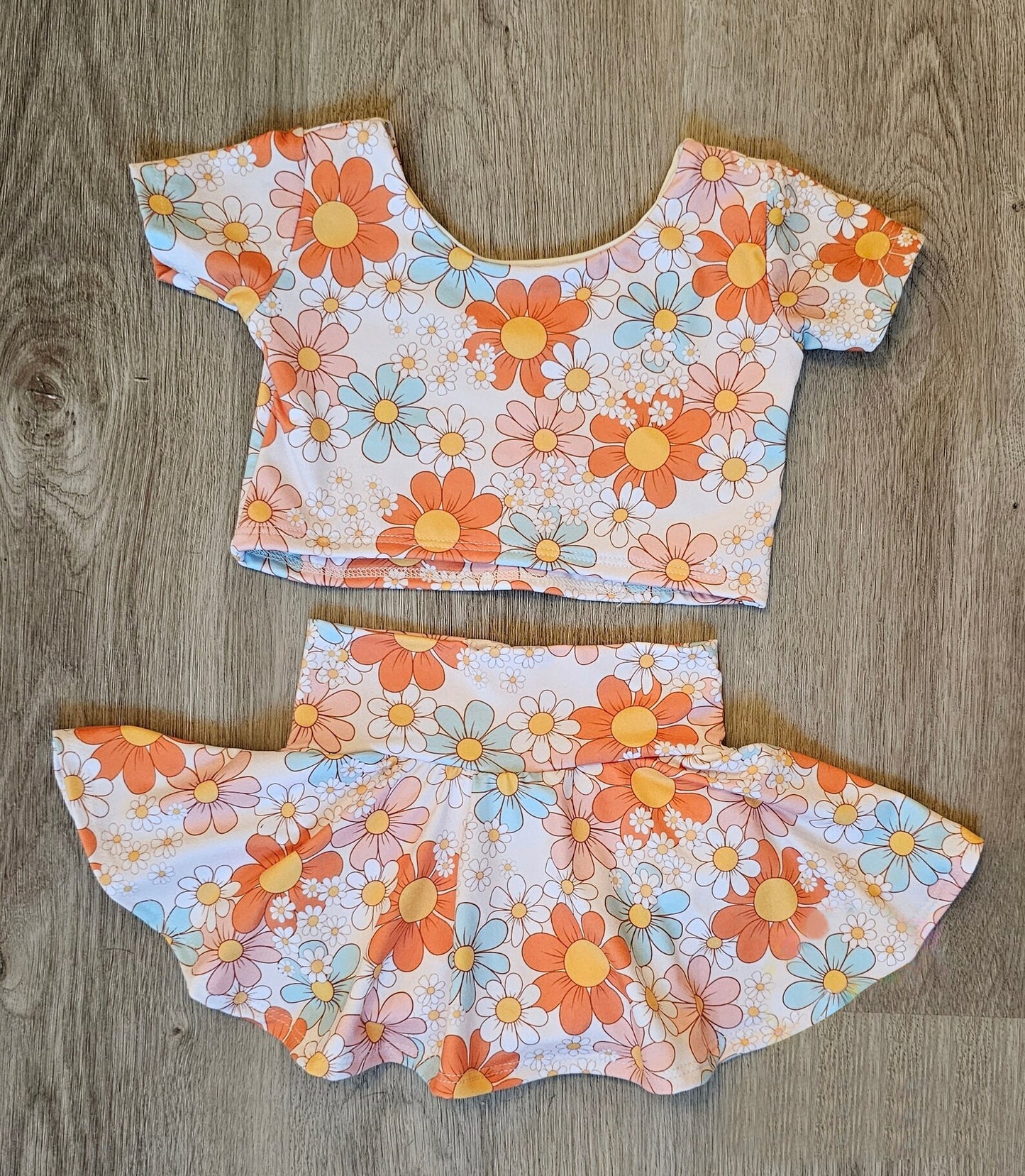 (Custom Design Preorder MOQ 5) Orange Flowers Print Girls Skirts Summer Clothes Set