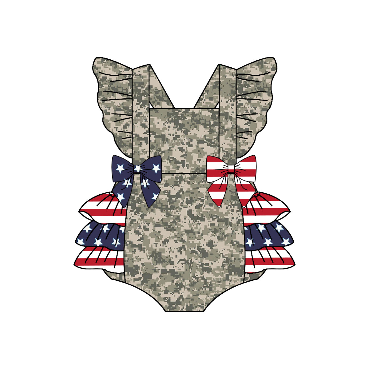 (Custom Design Preorder MOQ 5) Camo Star Print Baby Girls 4th of July Bubble Romper