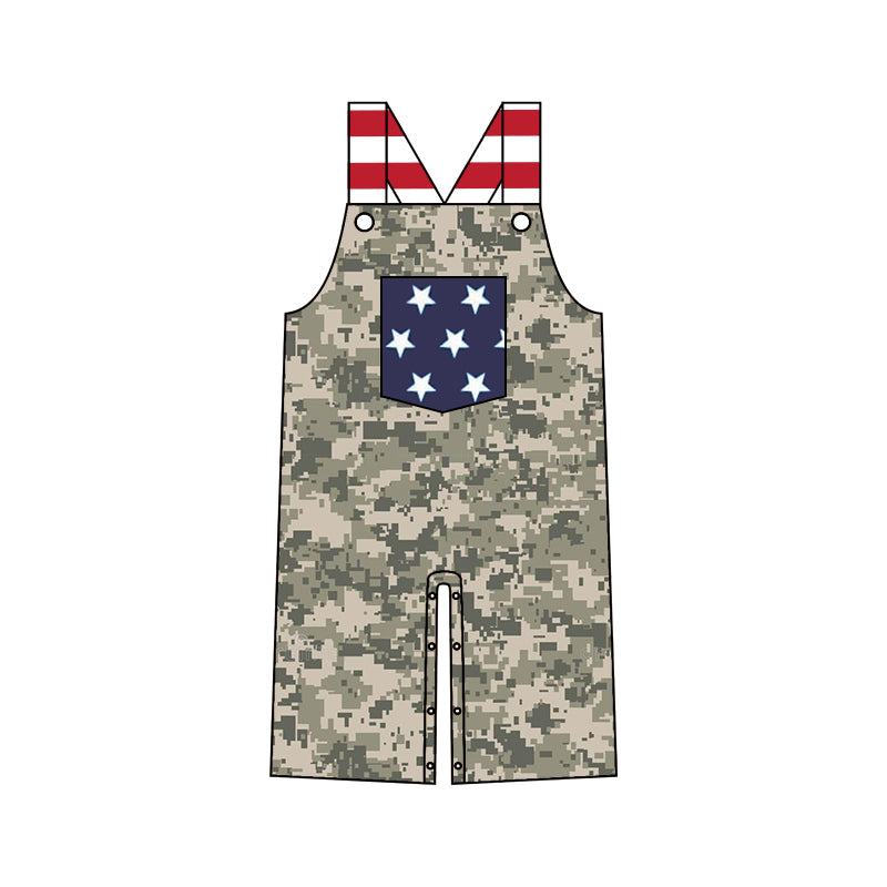 (Custom Design Preorder MOQ 5) Camo Star Print Baby Boys 4th of July Romper