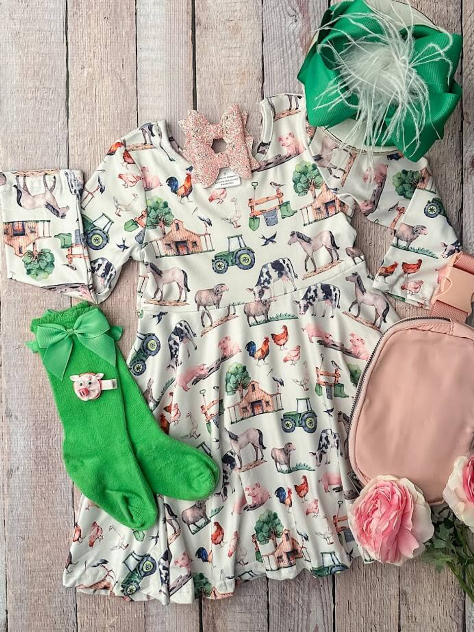 (Custom Design Preorder MOQ 5) Farm Animals Print Girls Knee Length Dress