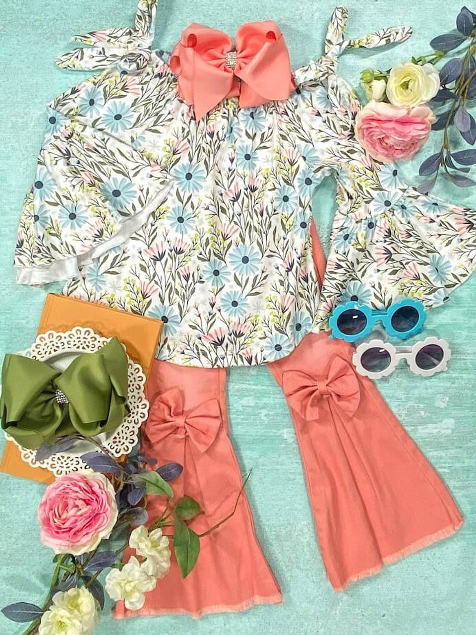 (Custom Design Preorder MOQ 5) Flowers Print Tunic Top Pink Bell Pants Girls Clothes Set