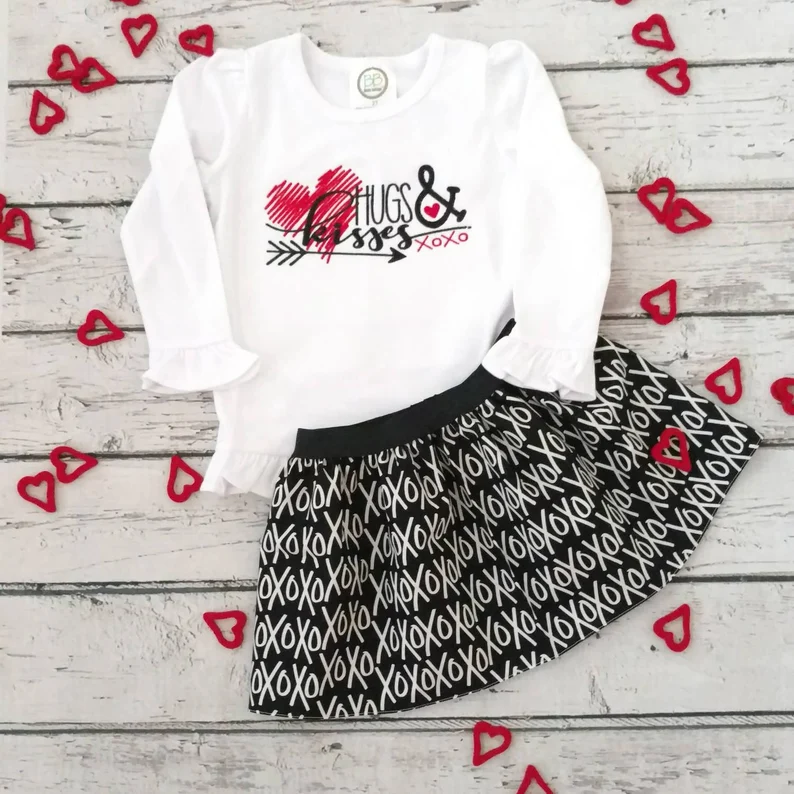 (Custom Design Preorder MOQ 5) Heart Black XOXO Print Skirts Girls Valentine's Clothes Set