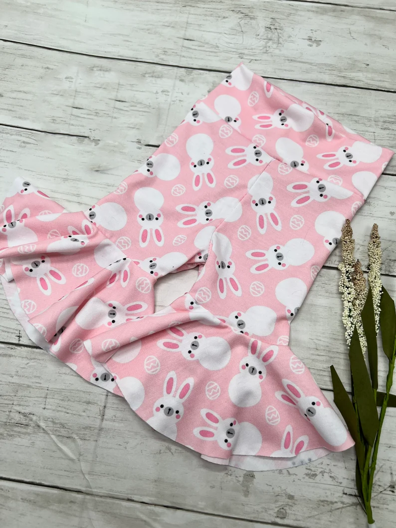 (Custom Design Preorder MOQ 5) Pink Rabbit Print Girls Easter Bell Bottom Pants