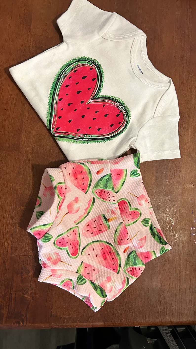 (Custom Design Preorder MOQ 5) Watermelon Heart Print Baby Girls Summer Bummie Set