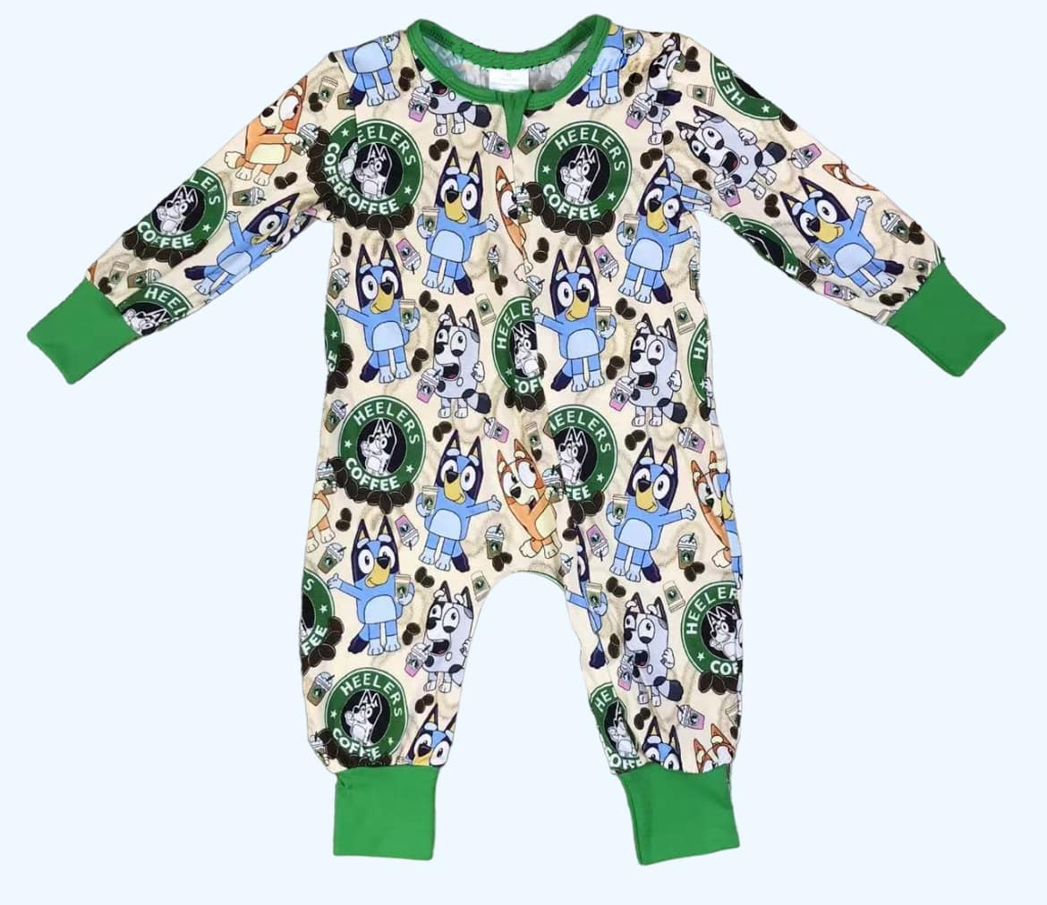 (Custom Design Preorder MOQ 5) Cartoon Dog Coffee Print Baby Kids Zipper Romper
