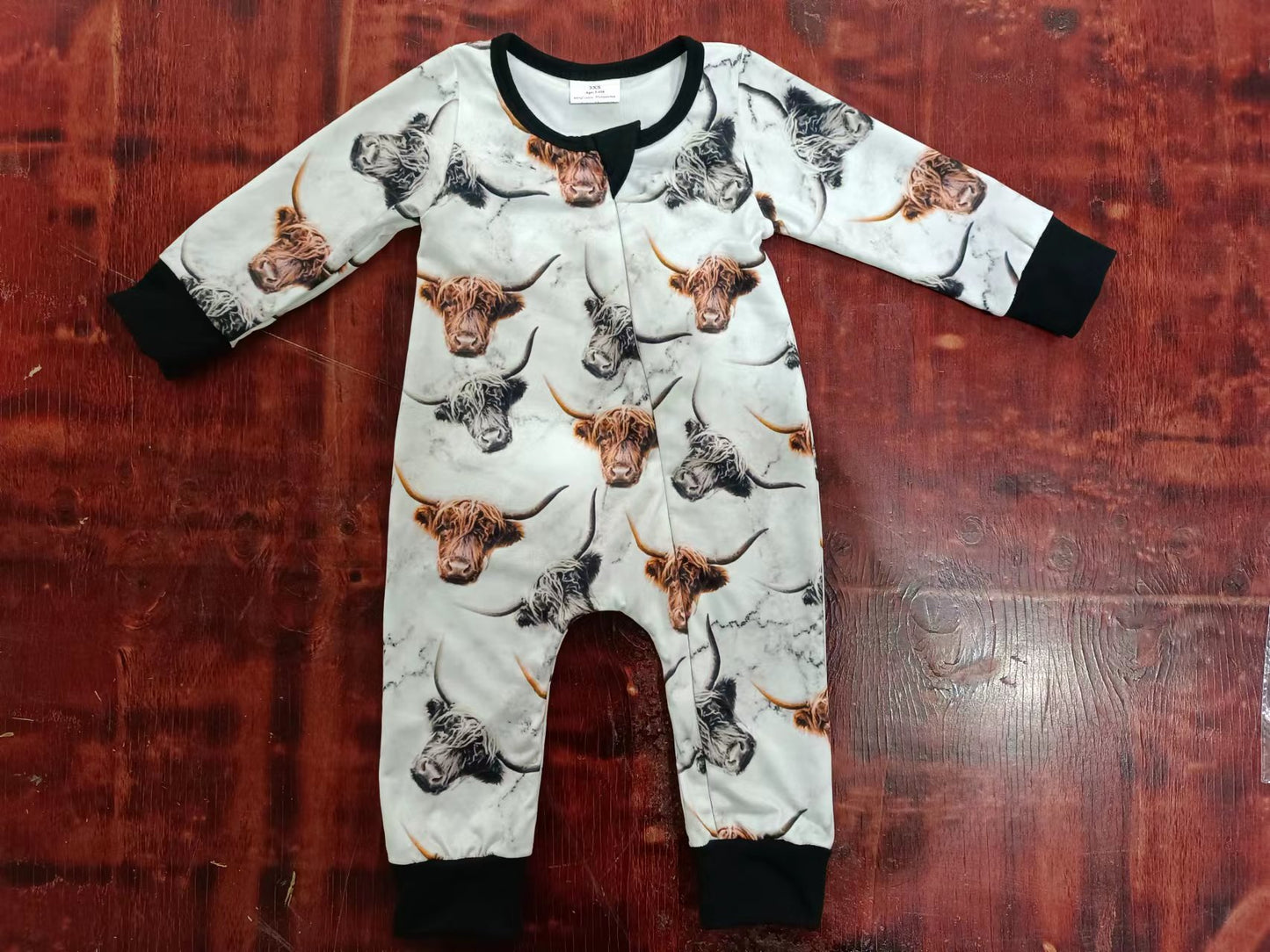 (Custom Design Preorder MOQ 5) Highland Cow Print Baby Kids Zipper Romper