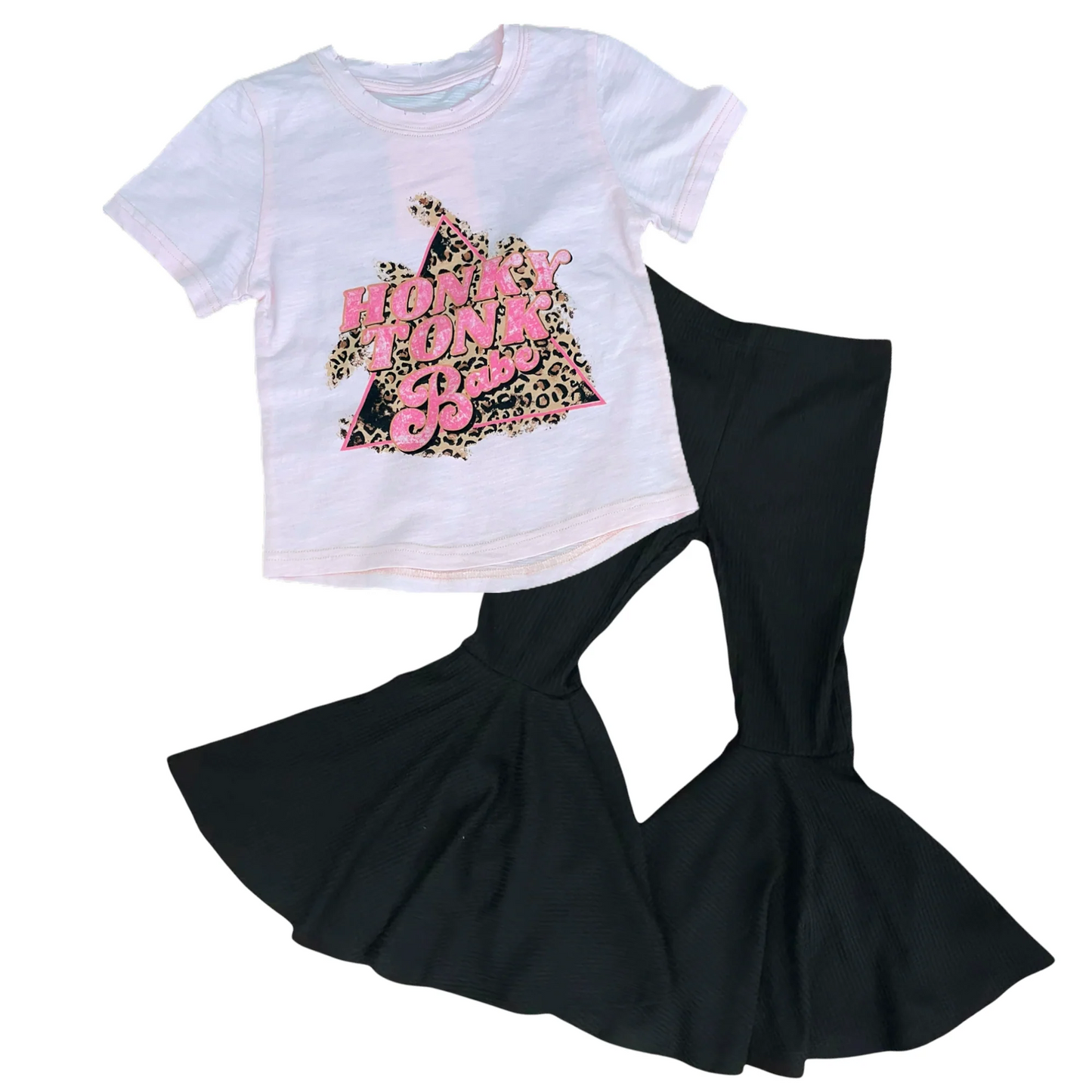 (Custom Design Preorder MOQ 5) Honky Tonk Babe Leopard Top Black Bell Pants Girls Clothes Set