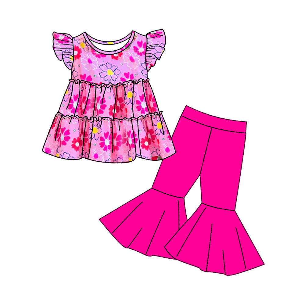 (Custom Design Preorder MOQ 5) Flowers Tunic Top Hot Pink Bell Pants Girls Clothes Set