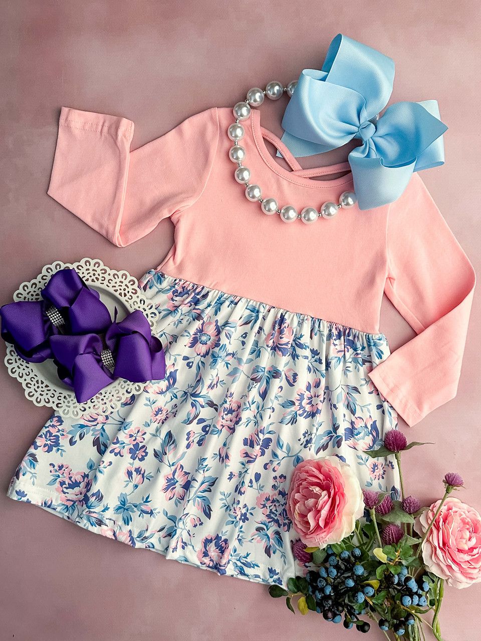 (Custom Design Preorder MOQ 5) Pink Flowers Girls Knee Length Dress