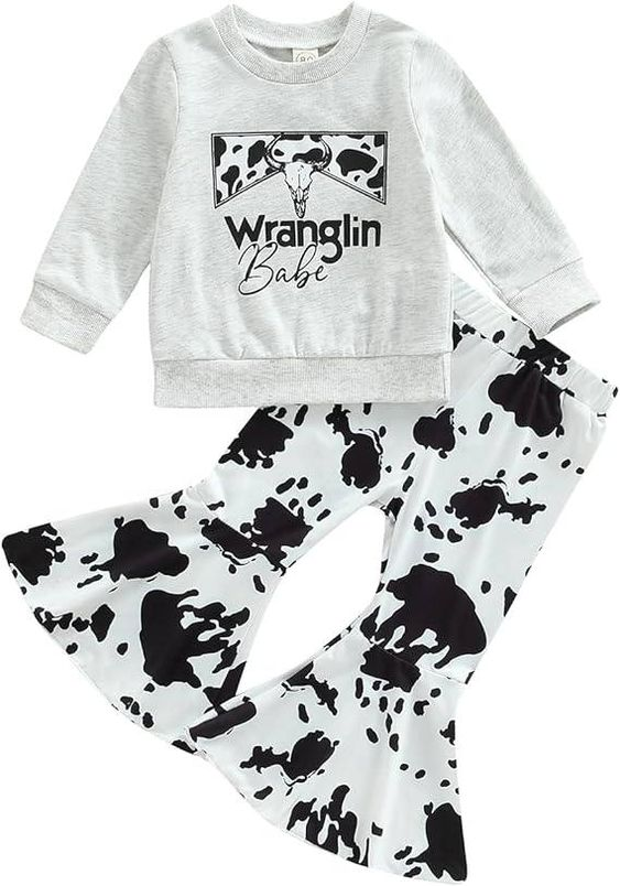 (Custom Design Preorder MOQ 5) Cow Skull Print Girls Western Clothes Set