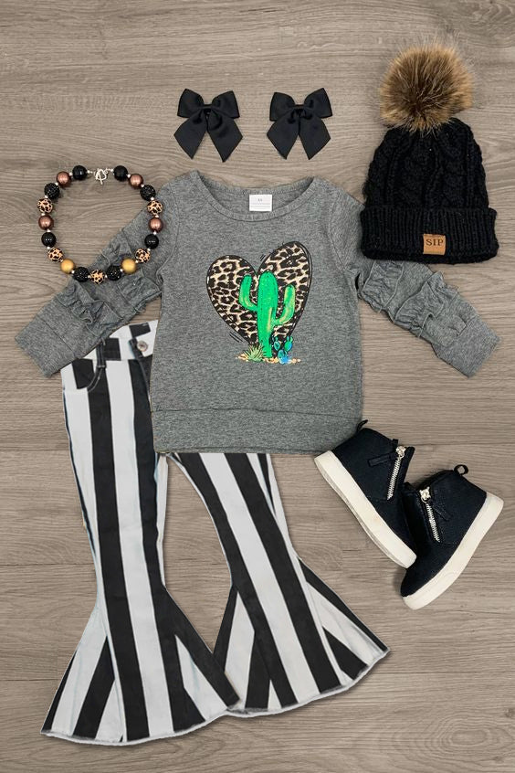(Custom Design Preorder MOQ 5) Cactus Grey Top Black Stripes Denim Jeans Girls Clothes Set