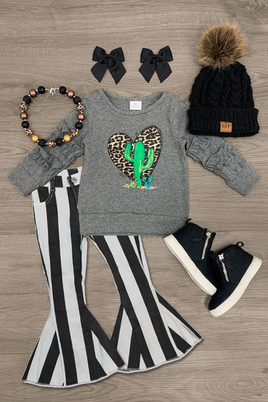 (Custom Design Preorder MOQ 5) Cactus Grey Top Black Stripes Denim Jeans Girls Clothes Set