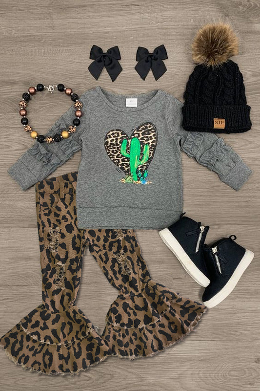 (Custom Design Preorder MOQ 5) Cactus Grey Top Denim Hole Jeans Girls Clothes Set