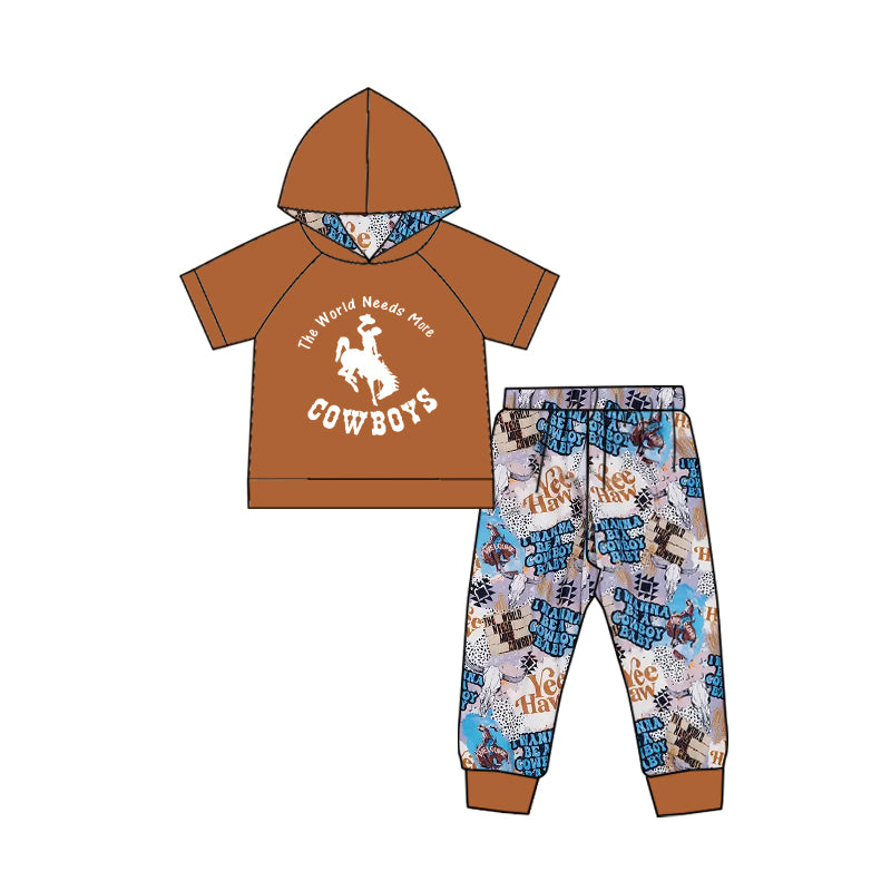 (Custom Design Preorder MOQ 5) Brown Cowboys Hoodie Top Rodeo Pants Boys Western Clothes Set